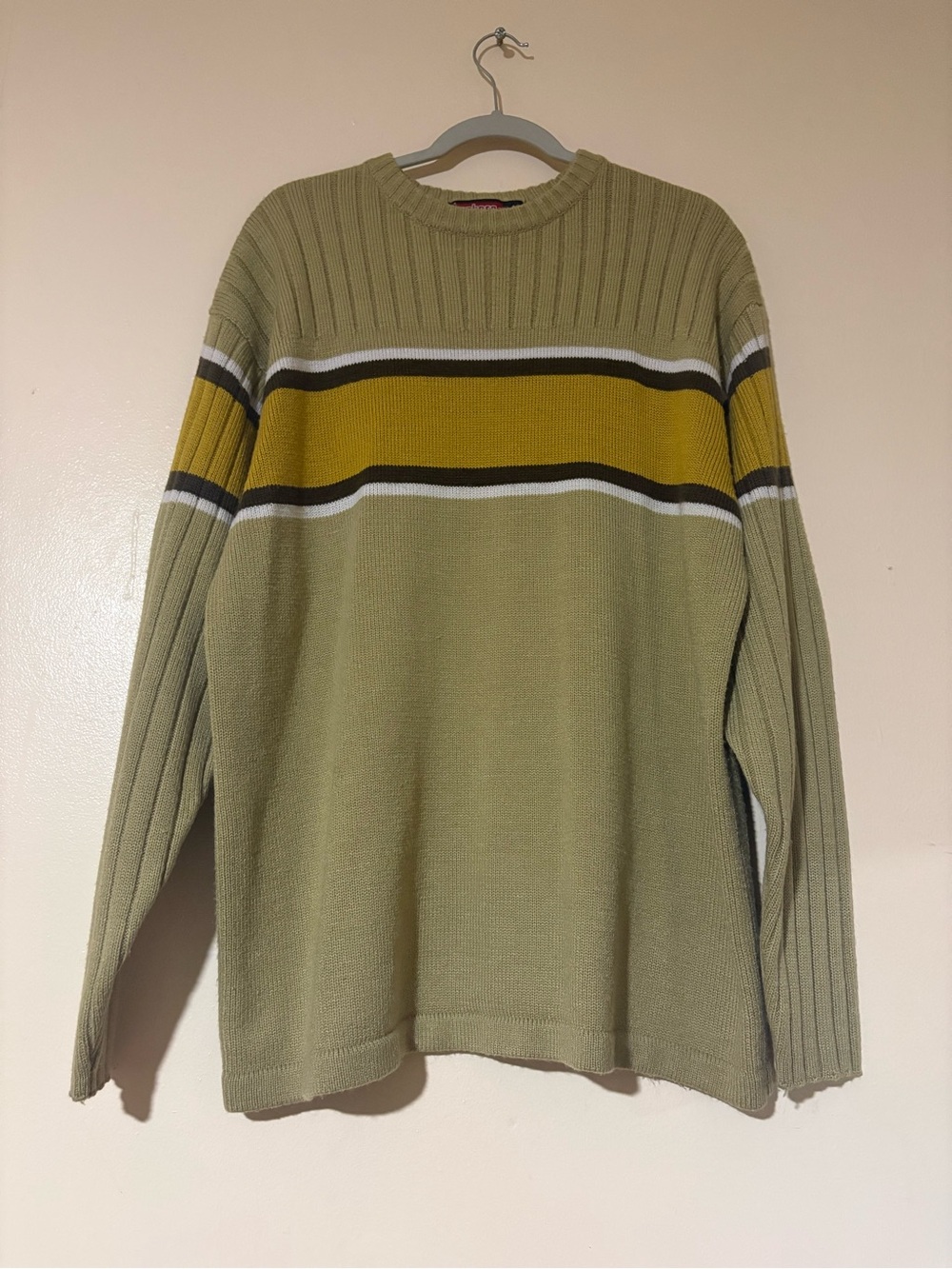 Men's Olive Crewneck Sweater with Mustard Stripe